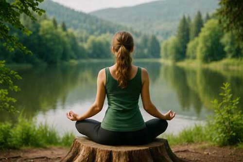 Frau im Yogasitz am Ufer eines Sees