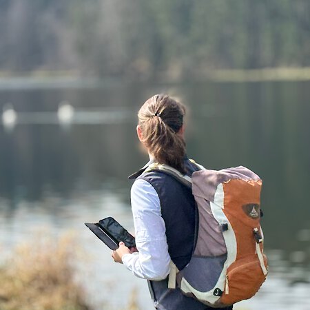 Frau bei entspannter Wanderung am Stausee