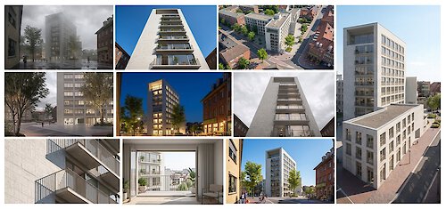 KI Varianten einer Architekturvisualisierung mit wechselnden Blickwinkeln und Lichtstimmungen